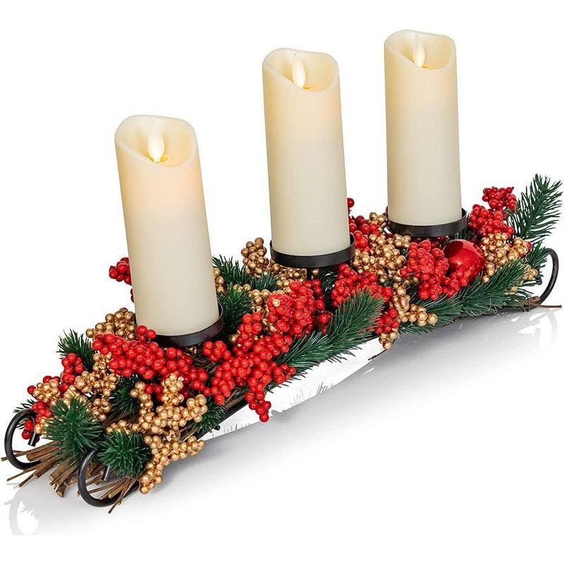 Winter Elegance 20" Iron Sleigh Candle Holder with Red and Gold Berries