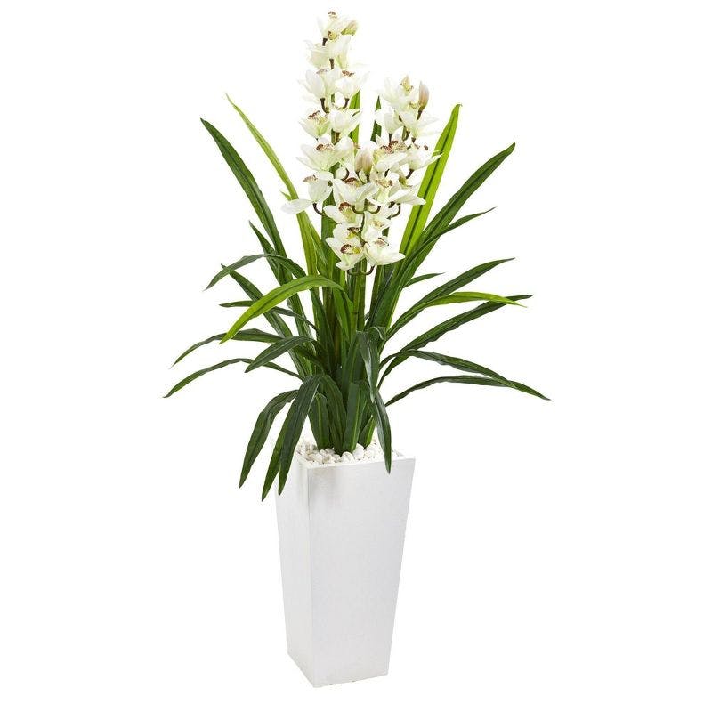 Elegant Lifelike Cymbidium Orchid in White Tower Planter, 58"