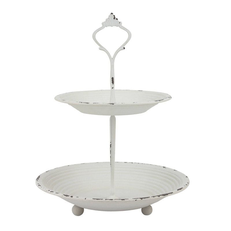French Country Round Metal 2-Tier Trinket Tray in Off-White