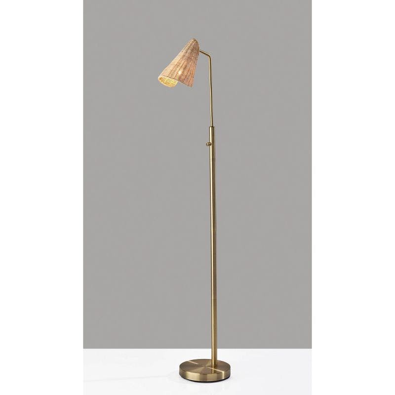 Elegant Antique Brass Adjustable Floor Lamp with Rattan Shade