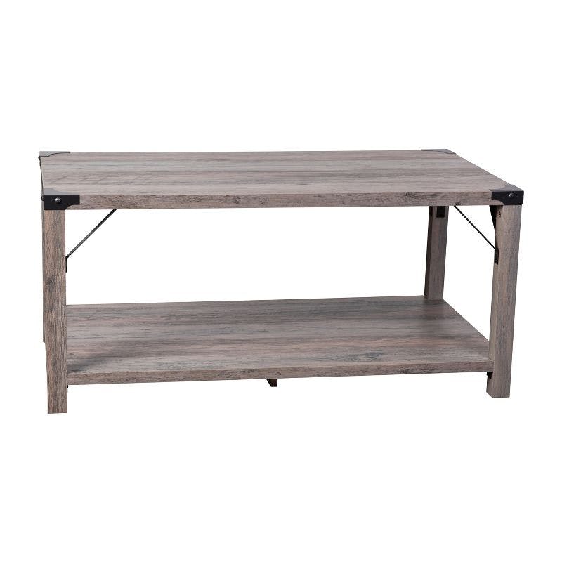 Modern Farmhouse Rectangular Coffee Table with Steel Accents in Gray Wash