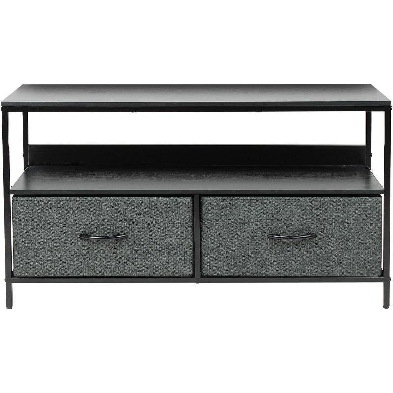 Compact Black Steel Frame TV Stand with Foldable Fabric Drawers