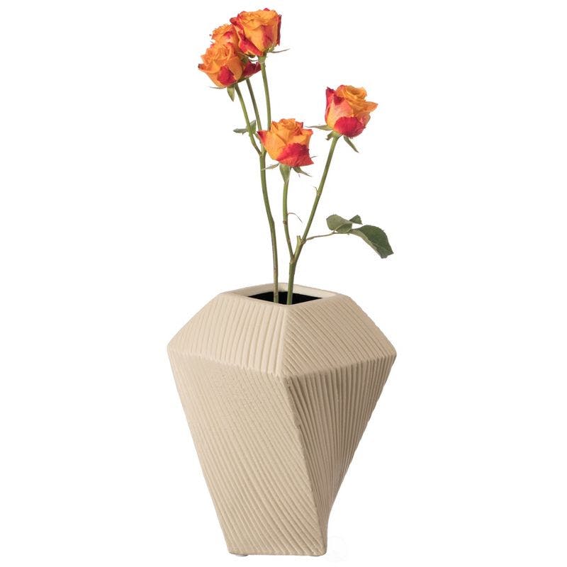 Elegant Beige Ceramic Square Twisted 10" Table Vase