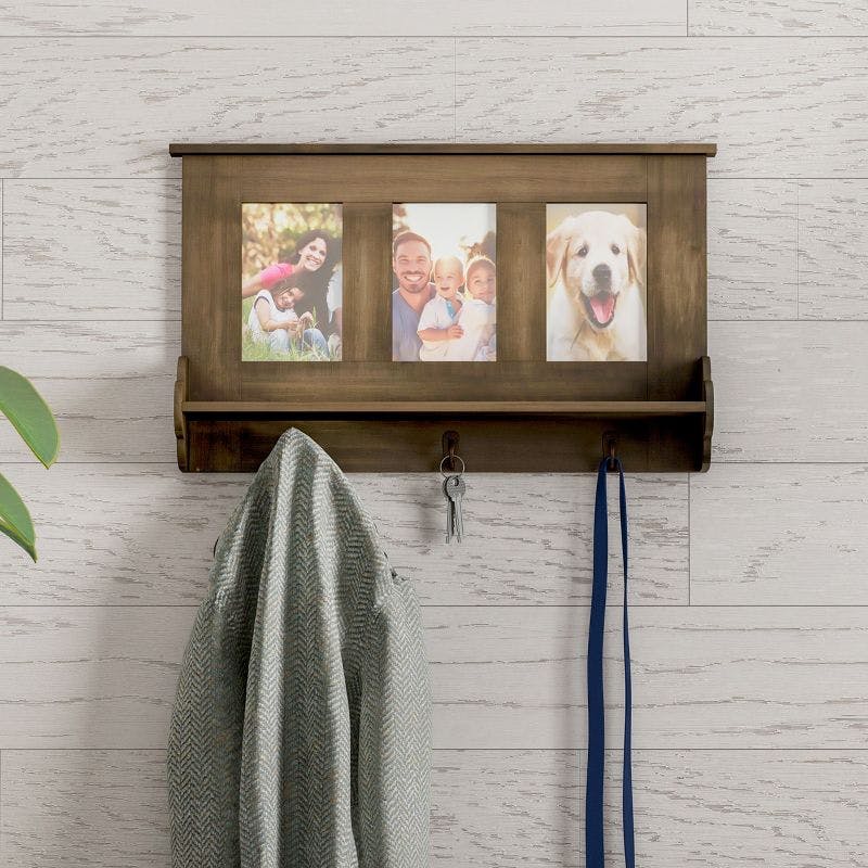 Classic Rustic Wood-Look Wall Shelf with Photo Collage & Hooks