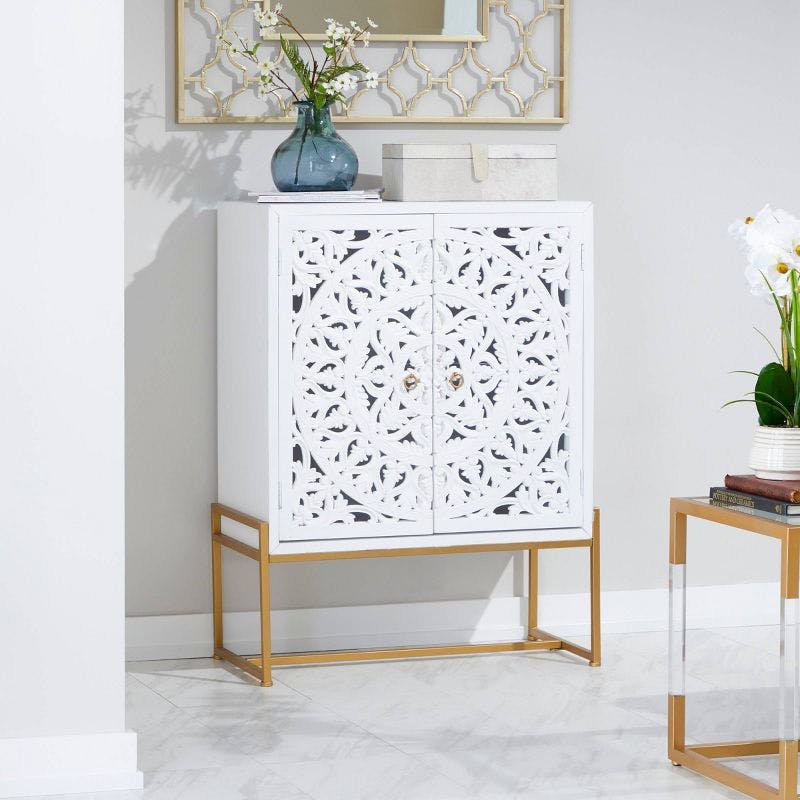 Elegant 42'' White Wood Carved Floral Cabinet with Gold Accents