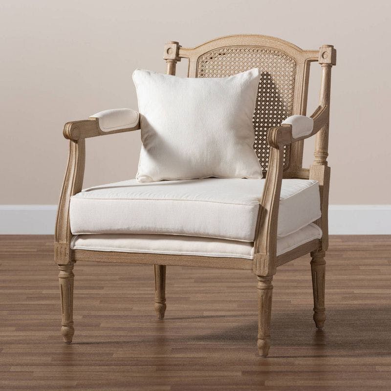 Antique Whitewashed Mahogany Wood Barrel Accent Chair in Ivory