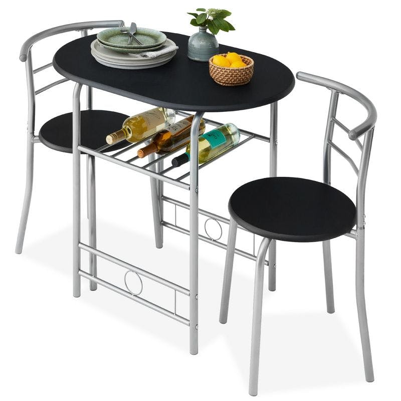 Compact Black/Silver 3-Piece Dining Set with Built-In Wine Rack