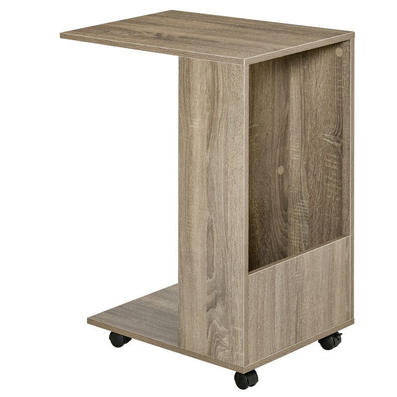 Compact Grey C-Shaped End Table with Storage on Casters