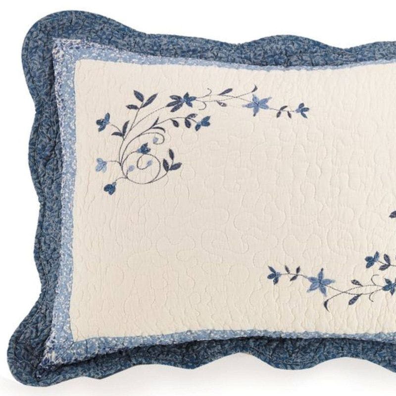 Embroidered Blue Floral Scrolls Cotton-Polyester Standard Sham