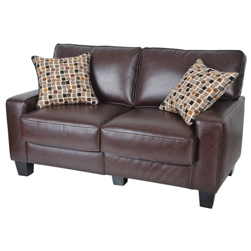 Chestnut Brown Leather 61" Loveseat with Pillow Back and Wood Accents