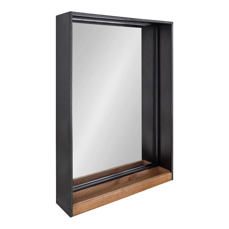 Rustic Brown and Silver 33.1" Wood Bathroom Vanity Mirror with Shelf