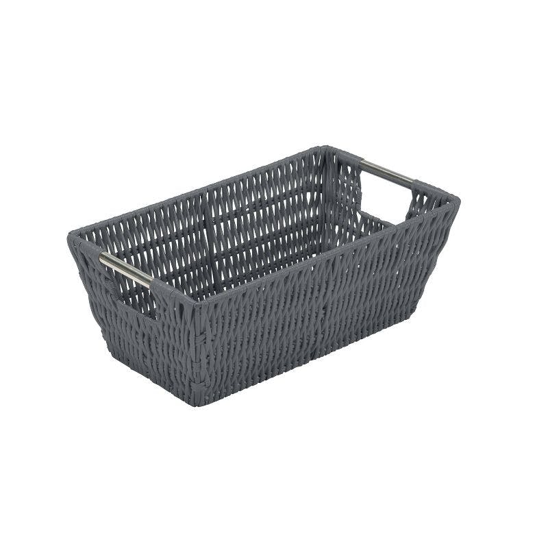 Charcoal Rattan Rectangular Storage Tote with Stainless Steel Handles