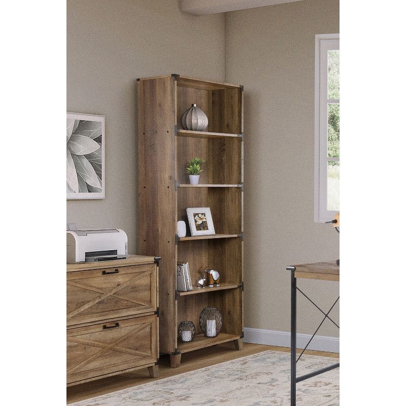 Rustic Oak 5-Shelf Bookcase with Black Metal Brackets