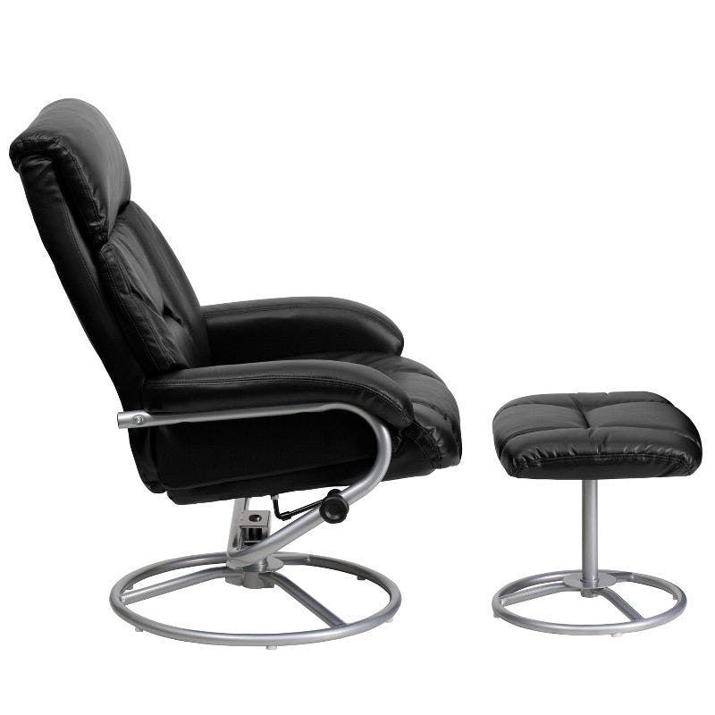 Luxurious Black Leather Swivel Recliner & Ottoman with Metal Base