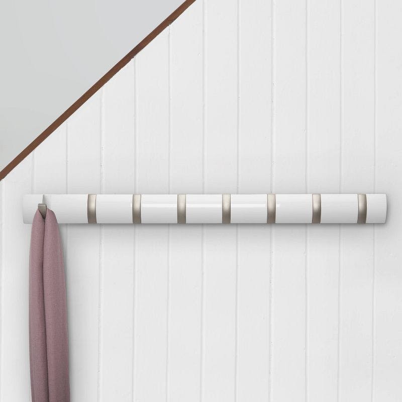 Flip 8-Hook White Solid Wood Wall Mounted Coat Rack