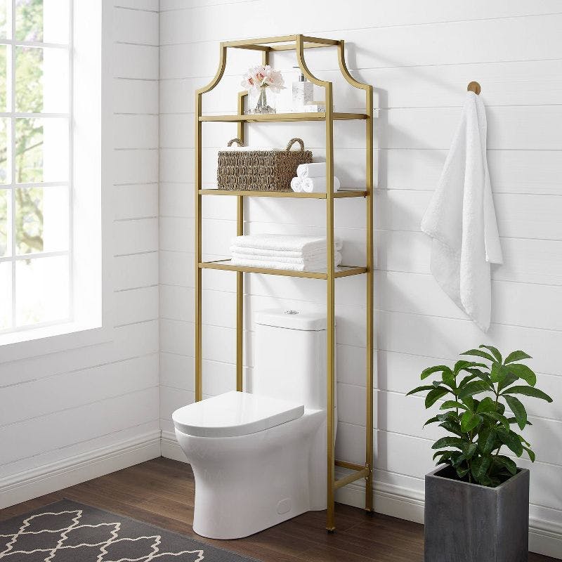 Soft Gold Pagoda-Inspired Over-the-Toilet Storage with Tempered Glass Shelves