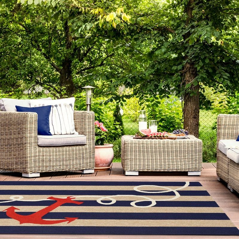 Nautical Bliss Navy and White Hand-Tufted Outdoor Rug