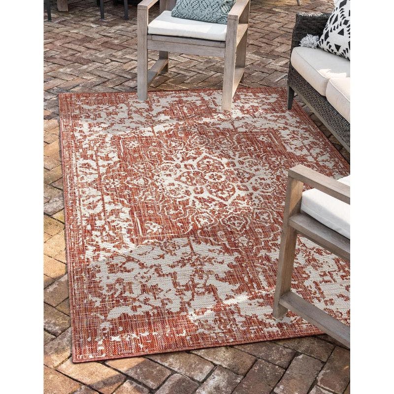 Rust Red and Ivory Geometric Outdoor Rug, 9' x 12', Easy Care