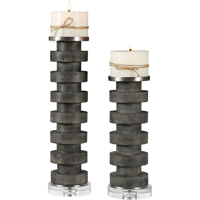 Karun Charcoal Concrete and Crystal 16.5" Candleholders Set