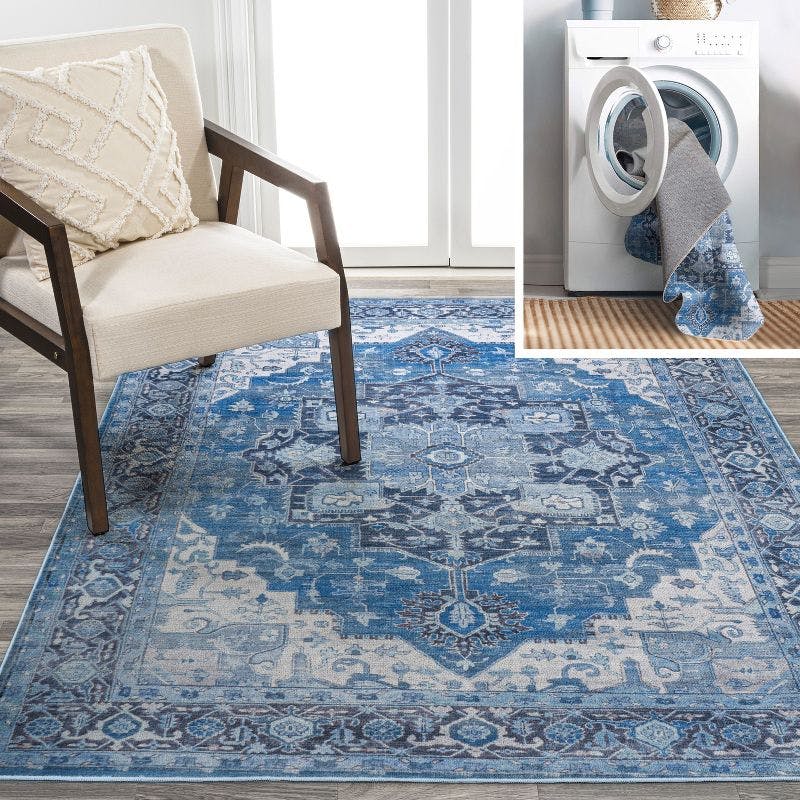 Maris Easy-Care Blue Medallion Washable Synthetic Area Rug, 3 X 5