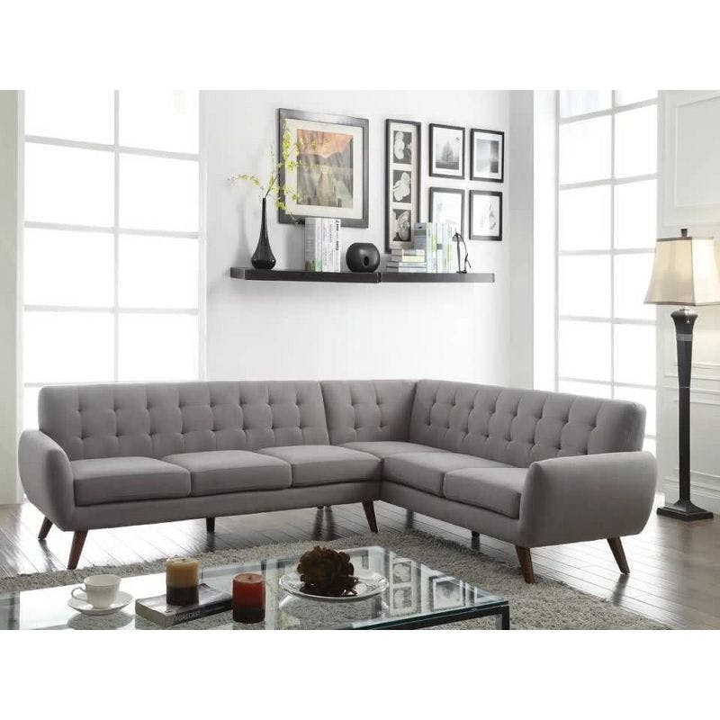 Elegant Mid-Century Light Gray Linen & Wood Sectional Sofa