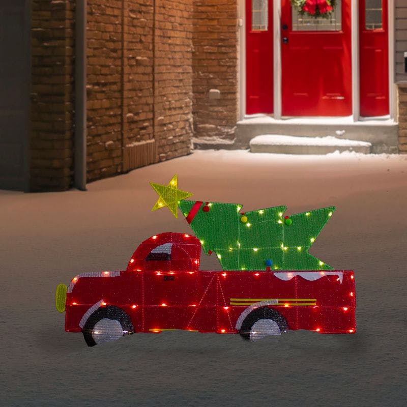 Northlight 35.9" LED Red Truck with Glittery Christmas Tree Display