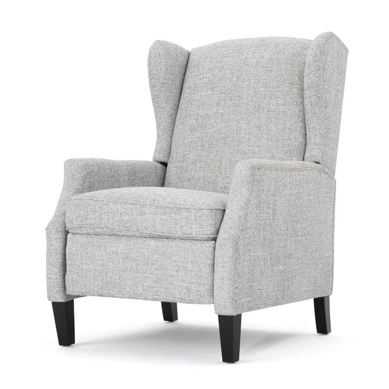 Handcrafted Light Grey Tweed Wingback Recliner with Studded Accents