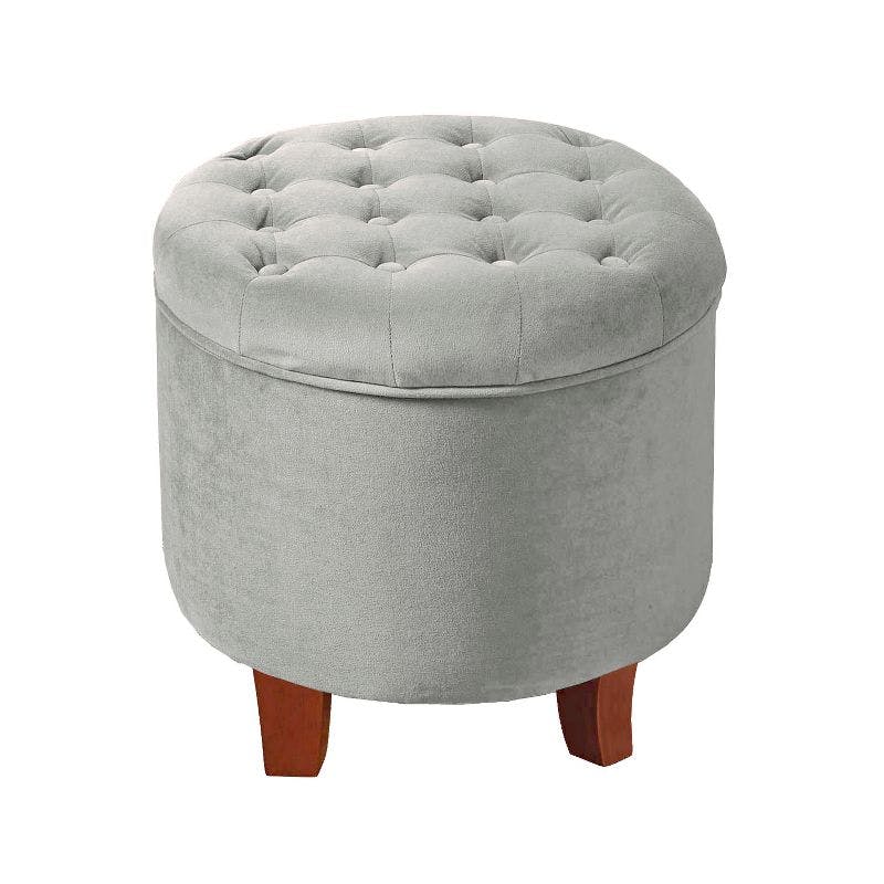 Elegant Gray Velvet Tufted Round Storage Ottoman with Wooden Legs