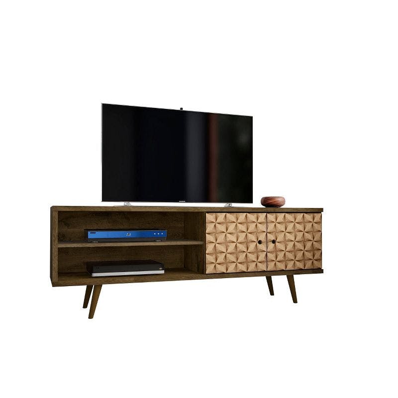 Rustic Brown Solid Wood 63" TV Stand with Cabinet and Shelves