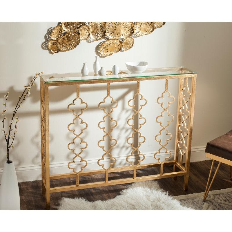 Elegant Gold Leaf Quatrefoil Console Table with Clear Glass Top
