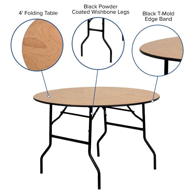 Elegant 48" Black Metal and Brown Wood Round Folding Table