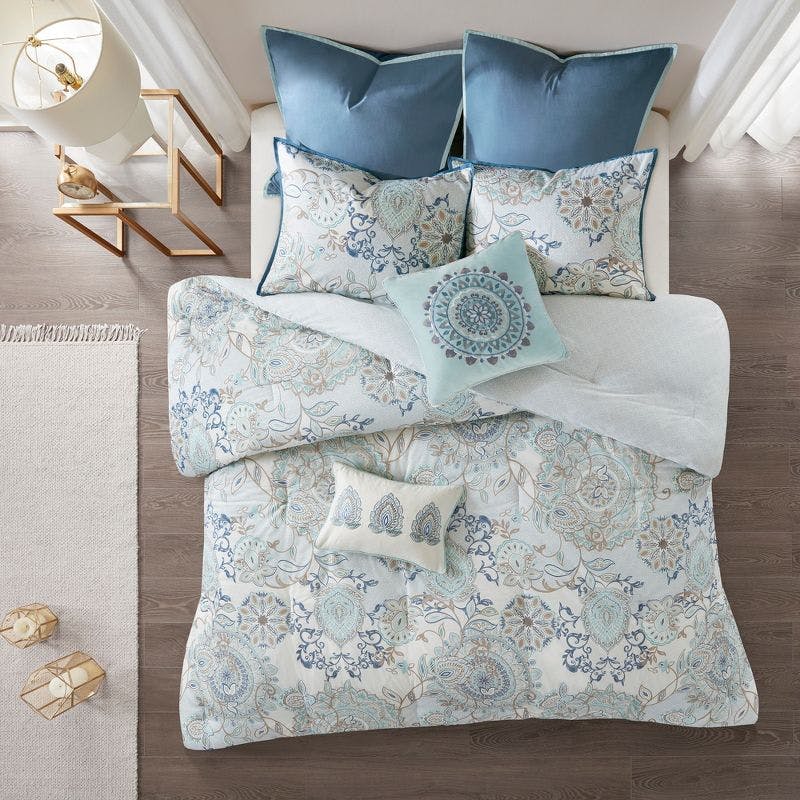 King Isla 8-Piece Cotton Floral Medallion Reversible Comforter Set, Blue