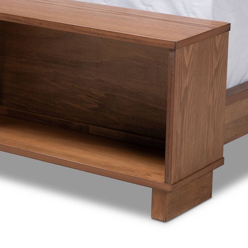 Ash Walnut Queen Storage Bed with Built-In Shelves and Paneled Headboard