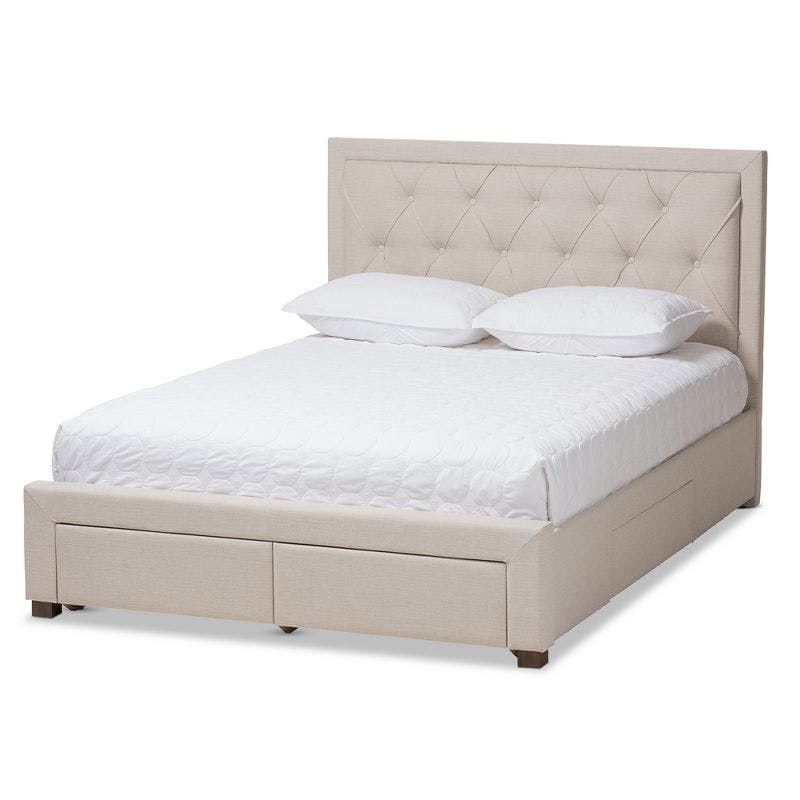 Luxurious King-Sized Light Beige Upholstered Bed with Tufted Headboard and Storage Drawers