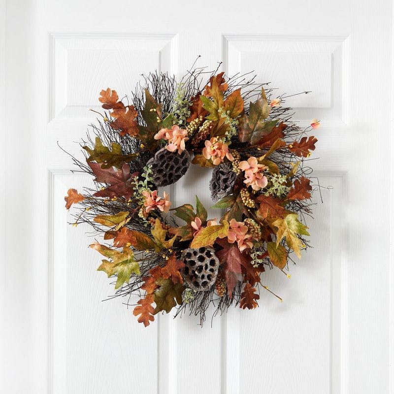 Autumn Hydrangea and Dried Lotus Pod 22" Artificial Fall Wreath