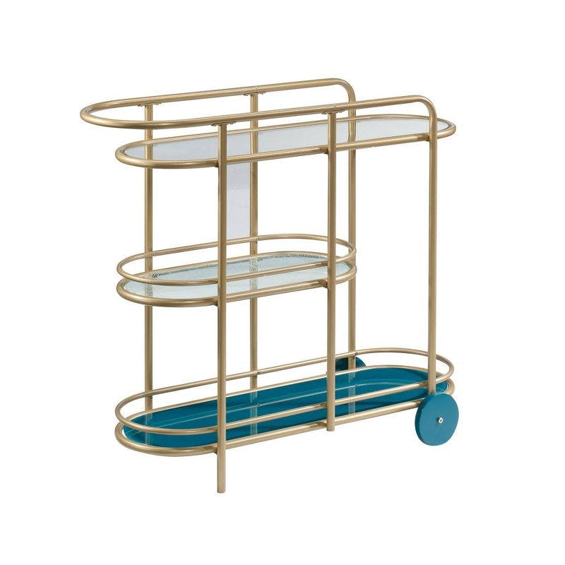 Satin Gold Coral Cape Bar Cart with Tempered Glass Shelves