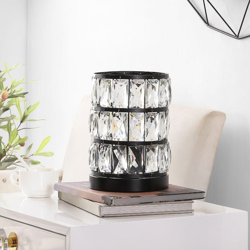 Alva Sleek Black Acrylic 9" Glam Table Lamp with Crystal Accents