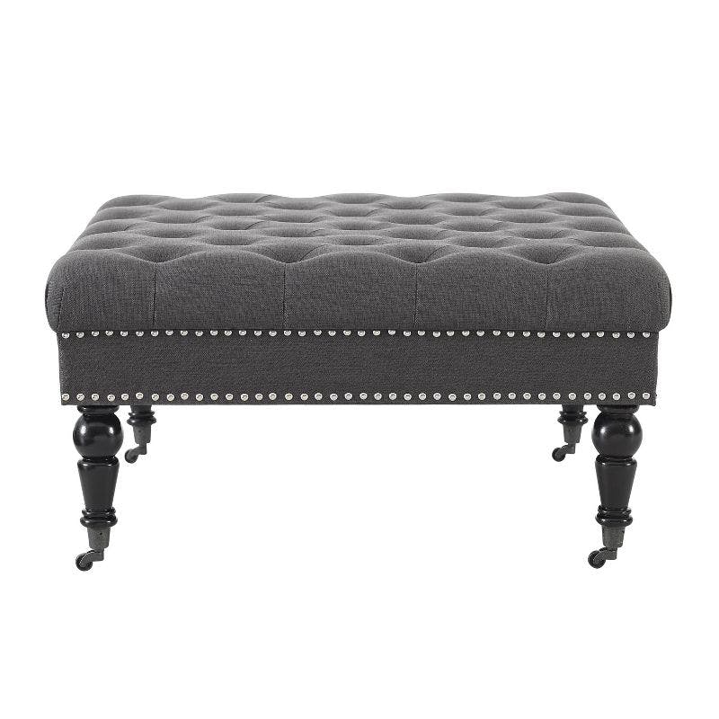 Isabelle Charcoal Linen 35" Square Tufted Ottoman with Nailhead Trim