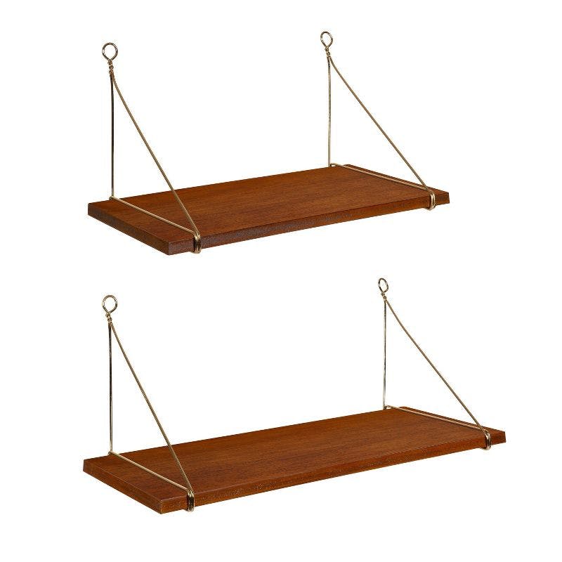 Walnut Brown Floating Wood Wall Shelf Duo, 26.5 in