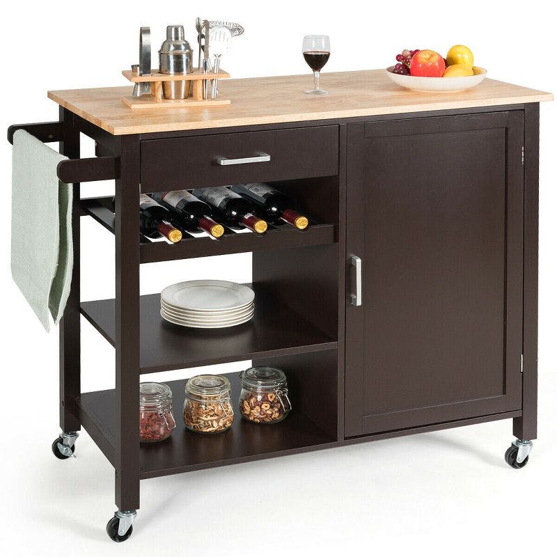 Elegant Pine and Rubberwood Kitchen Cart with Wine Rack and Storage
