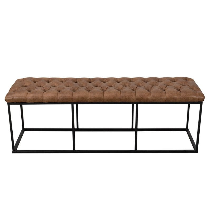 Draper 53'' Faux Brown Leather Tufted Bench with Metal Base