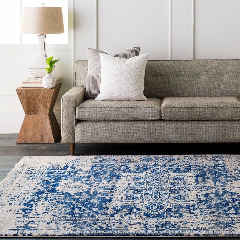Reversible Blue and White Synthetic Runner Rug, 31"x8"