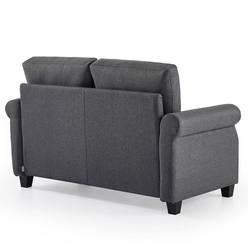 45.7" Dark Grey Fabric Loveseat with Round Arms and Metal Accents