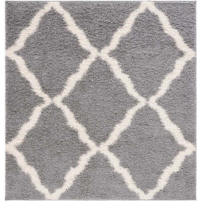 Ivory and Grey Geometric Square Shag Rug, 6' x 6', Synthetic Easy Care