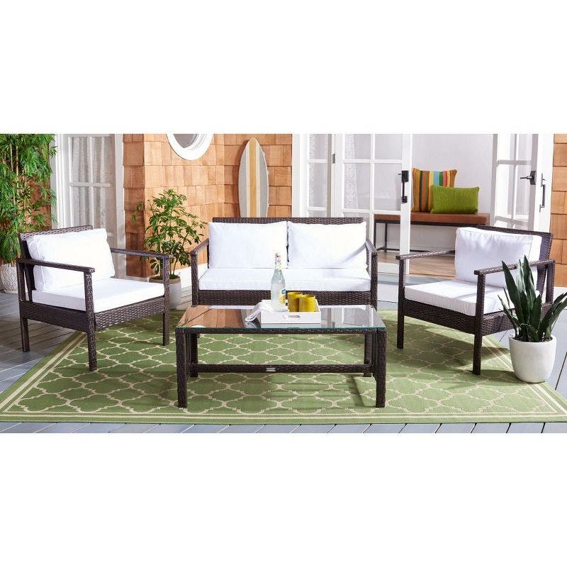 Coastal Charm Brown Wicker 4-Person Outdoor Living Set with White Cushions