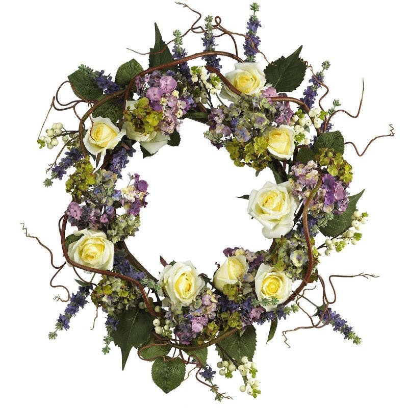Springtime Elegance 18" Artificial Hydrangea and Rose Floral Wreath