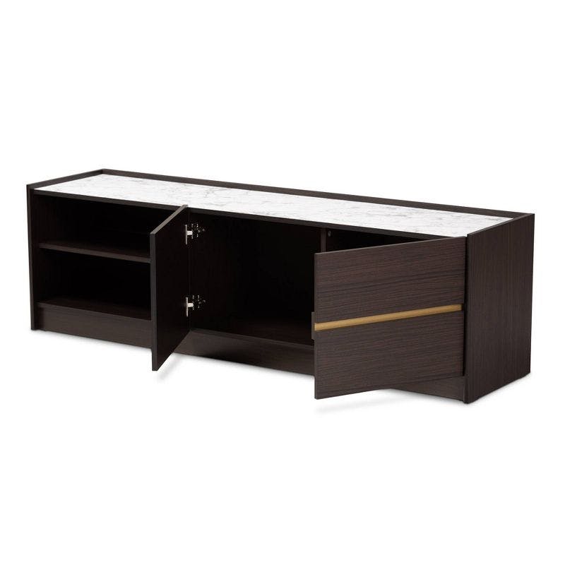 Walker 63" Dark Brown and Gold Wood TV Stand with Faux Marble Top