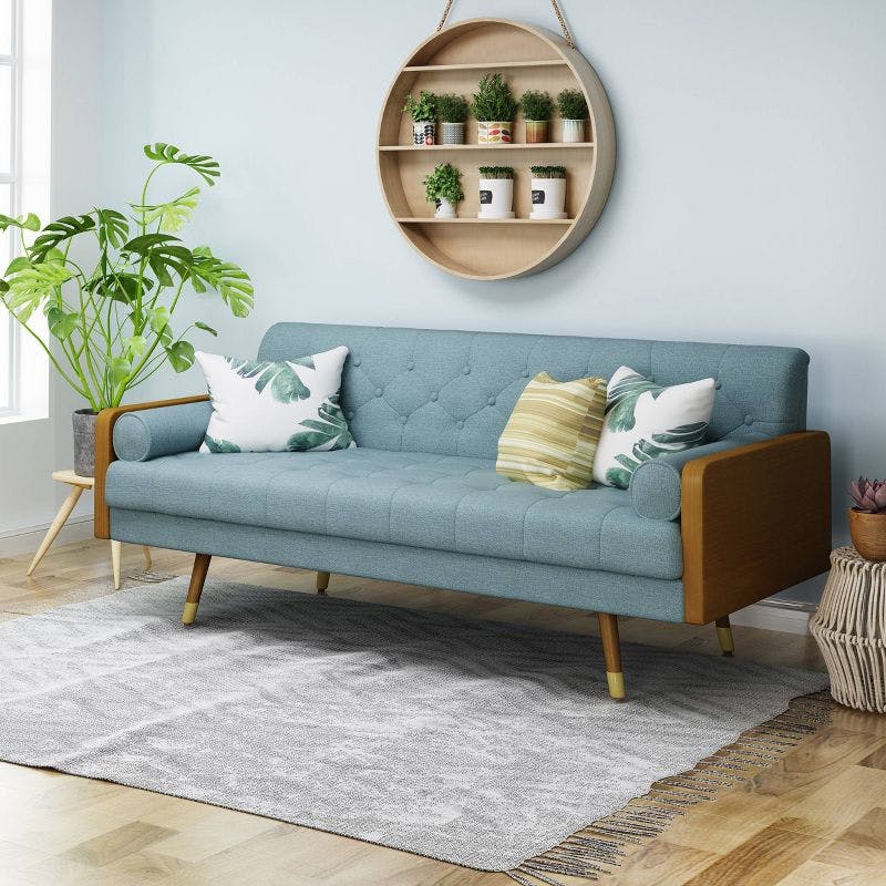 Demuir Plush Blue Fabric Tufted Sofa with Wood Storage