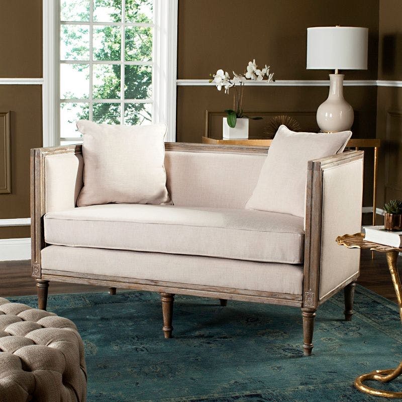 Elegant Beige Linen and Rustic Wood 53" Contemporary Settee