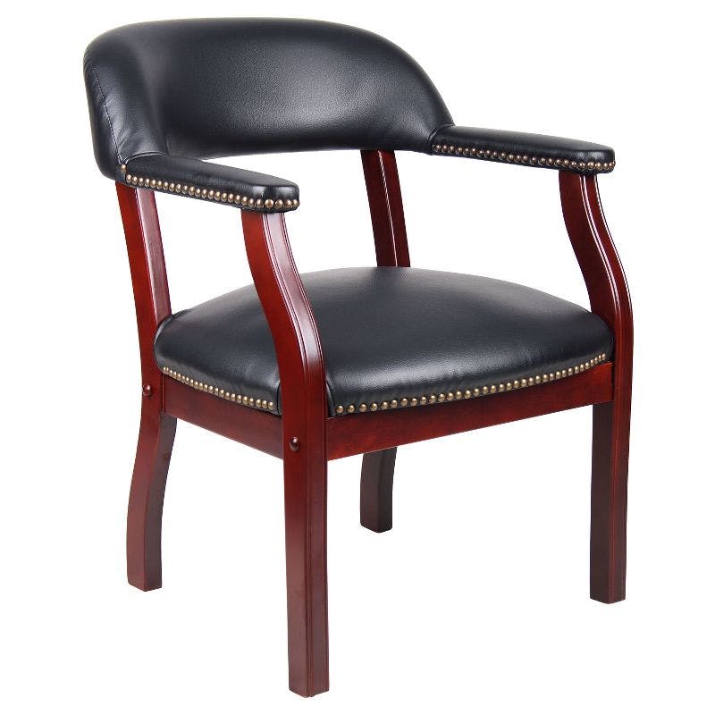 Elegant Mahogany Wood & Black Faux Leather Upholstered Arm Chair